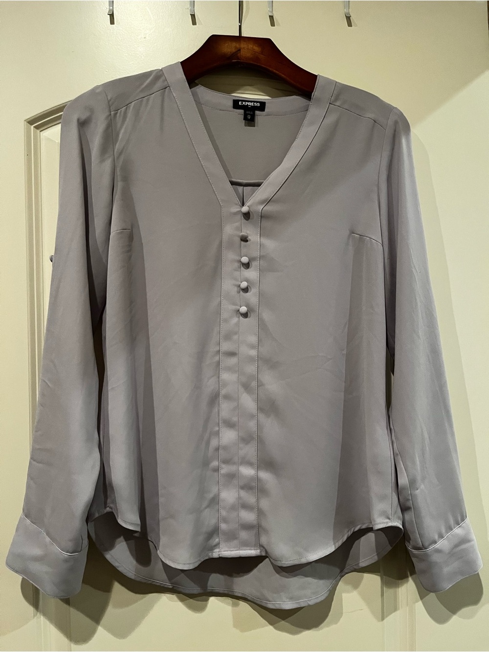 Express Gray V-Neck Button-Front Blouse